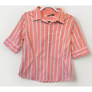 L.L. Bean Blouse‎ Medium Shirt Pink Striped Pink Polka Dots Short Sleeve Cuffs